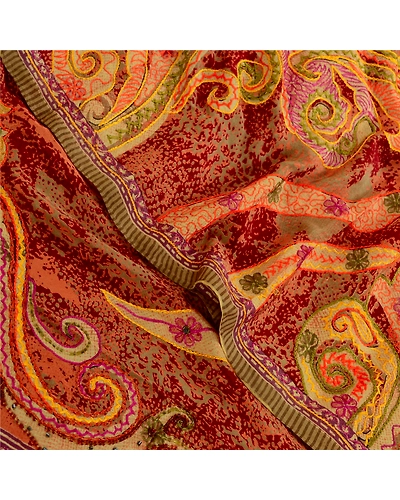 Sanskriti Vintage Sarees Red Hand Beaded Pure Crepe Silk Printed Sari 5Yd Fabric, PRC-18751-Red-Printed Floral Design-Pure Crepe Silk-5