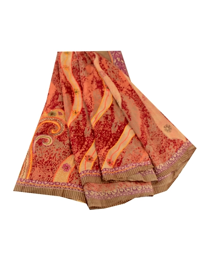 Sanskriti Vintage Sarees Red Hand Beaded Pure Crepe Silk Printed Sari 5Yd Fabric, PRC-18751-Red-Printed Floral Design-Pure Crepe Silk-7