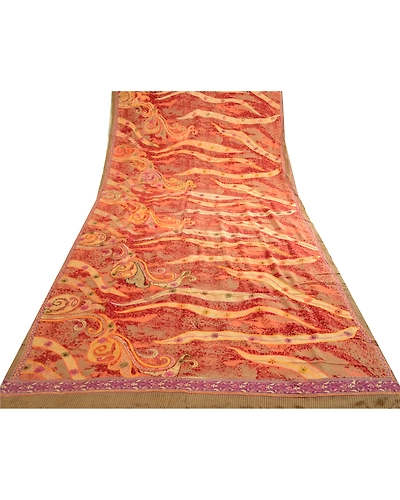 Sanskriti Vintage Sarees Red Hand Beaded Pure Crepe Silk Printed Sari 5Yd Fabric, PRC-18751-Red-Printed Floral Design-Pure Crepe Silk-8