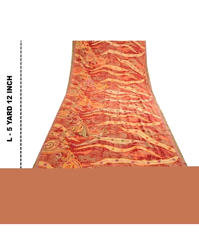 Sanskriti Vintage Sarees Red Hand Beaded Pure Crepe Silk Printed Sari 5Yd Fabric, PRC-18751-Red-Printed Floral Design-Pure Crepe Silk-9