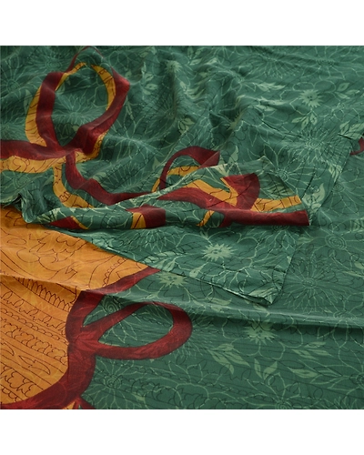 Sanskriti Vintage Sarees Green 100% Pure Crepe Silk Printed Sari Craft Fabric, PRC-18760-Green-Printed Floral Design-Pure Crepe Silk-1