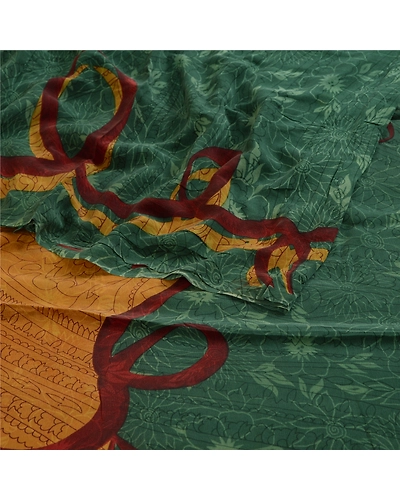 Sanskriti Vintage Sarees Green 100% Pure Crepe Silk Printed Sari Craft Fabric, PRC-18760-Green-Printed Floral Design-Pure Crepe Silk-2