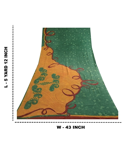 Sanskriti Vintage Sarees Green 100% Pure Crepe Silk Printed Sari Craft Fabric, PRC-18760-Green-Printed Floral Design-Pure Crepe Silk-9