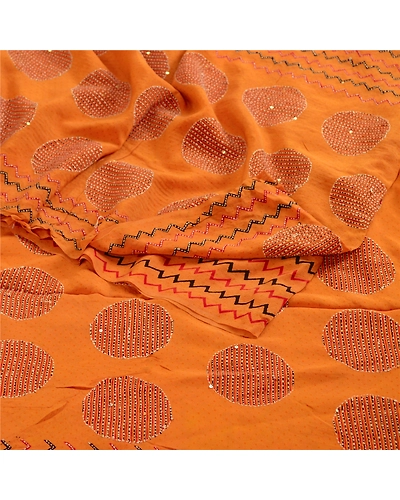 Sanskriti Vintage Sarees Hand Beaded Kantha Pure Crepe Silk Sari Craft Fabric, PRC-18764-Mustard-Printed Floral Design-Pure Crepe Silk-1