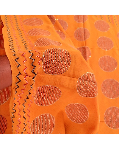 Sanskriti Vintage Sarees Hand Beaded Kantha Pure Crepe Silk Sari Craft Fabric, PRC-18764-Mustard-Printed Floral Design-Pure Crepe Silk-3