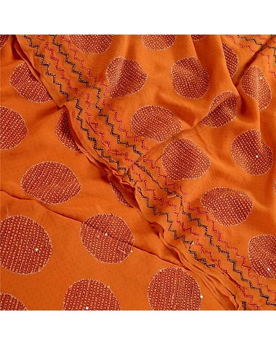 Sanskriti Vintage Sarees Hand Beaded Kantha Pure Crepe Silk Sari Craft Fabric, PRC-18764-Mustard-Printed Floral Design-Pure Crepe Silk-5
