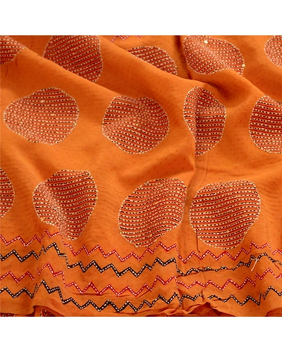 Sanskriti Vintage Sarees Hand Beaded Kantha Pure Crepe Silk Sari Craft Fabric, PRC-18764-Mustard-Printed Floral Design-Pure Crepe Silk-6