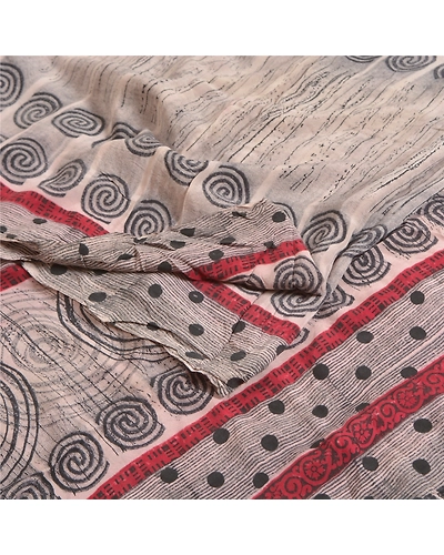 Sanskriti Vintage Sarees Ivory 100% Pure Crepe Silk Printed Sari Craft Fabric, PRC-18777-Ivory-Printed Floral Design-Pure Crepe Silk-1