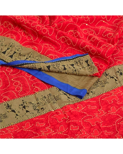 Sanskriti Vintage Sarees Red Hand Beads Kantha Pure Crepe Silk Sari Craft Fabric, PRC-18784-Red-Printed Floral Design-Pure Crepe Silk-1