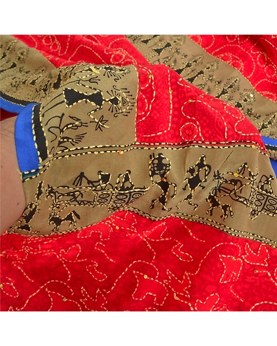 Sanskriti Vintage Sarees Red Hand Beads Kantha Pure Crepe Silk Sari Craft Fabric, PRC-18784-Red-Printed Floral Design-Pure Crepe Silk-3