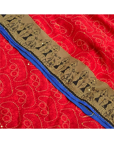 Sanskriti Vintage Sarees Red Hand Beads Kantha Pure Crepe Silk Sari Craft Fabric, PRC-18784-Red-Printed Floral Design-Pure Crepe Silk-5