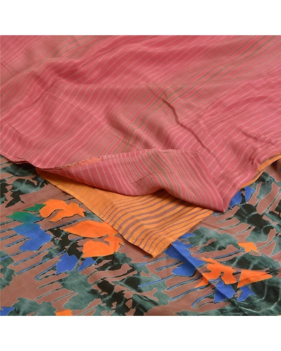 Sanskriti Vintage Sarees Saffron Pure Crepe Silk Printed Sari Soft Craft Fabric, PRC-18824-Saffron-Printed Floral Design-Pure Crepe Silk-1