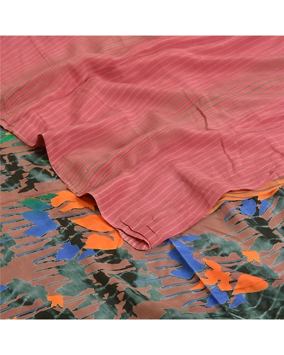 Sanskriti Vintage Sarees Saffron Pure Crepe Silk Printed Sari Soft Craft Fabric, PRC-18824-Saffron-Printed Floral Design-Pure Crepe Silk-2