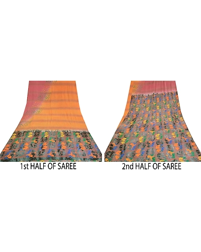 Sanskriti Vintage Sarees Saffron Pure Crepe Silk Printed Sari Soft Craft Fabric, PRC-18824-Saffron-Printed Floral Design-Pure Crepe Silk-4