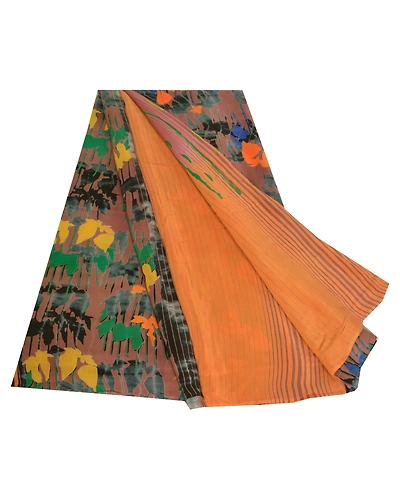 Sanskriti Vintage Sarees Saffron Pure Crepe Silk Printed Sari Soft Craft Fabric, PRC-18824-Saffron-Printed Floral Design-Pure Crepe Silk-7