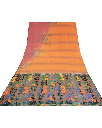 Sanskriti Vintage Sarees Saffron Pure Crepe Silk Printed Sari Soft Craft Fabric, PRC-18824-Saffron-Printed Floral Design-Pure Crepe Silk-8