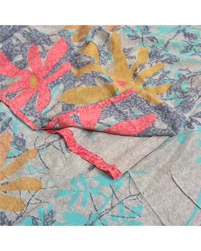 Sanskriti Vintage Sarees Gray Indian Printed Pure Crepe Sari Silk Craft Fabric, PRC-18835-Gray-Printed Floral Design-Pure Crepe Silk-1