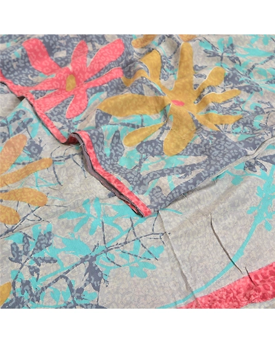 Sanskriti Vintage Sarees Gray Indian Printed Pure Crepe Sari Silk Craft Fabric, PRC-18835-Gray-Printed Floral Design-Pure Crepe Silk-2
