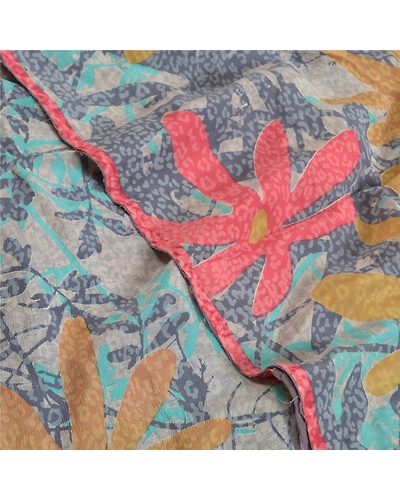 Sanskriti Vintage Sarees Gray Indian Printed Pure Crepe Sari Silk Craft Fabric, PRC-18835-Gray-Printed Floral Design-Pure Crepe Silk-5