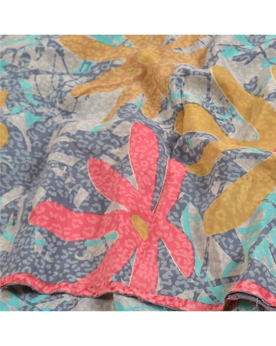 Sanskriti Vintage Sarees Gray Indian Printed Pure Crepe Sari Silk Craft Fabric, PRC-18835-Gray-Printed Floral Design-Pure Crepe Silk-6