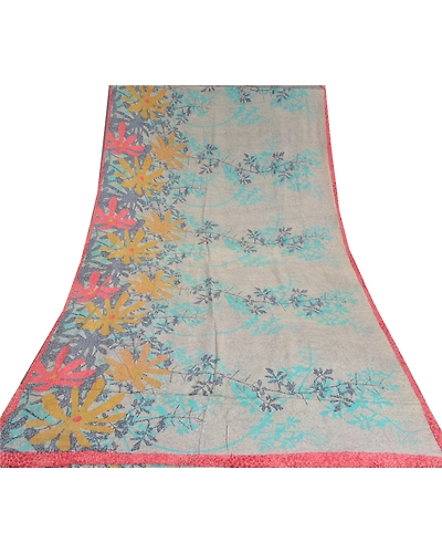 Sanskriti Vintage Sarees Gray Indian Printed Pure Crepe Sari Silk Craft Fabric, PRC-18835-Gray-Printed Floral Design-Pure Crepe Silk-8