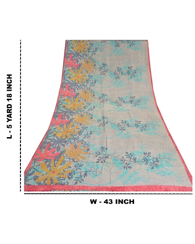 Sanskriti Vintage Sarees Gray Indian Printed Pure Crepe Sari Silk Craft Fabric, PRC-18835-Gray-Printed Floral Design-Pure Crepe Silk-9