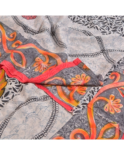 Sanskriti Vintage Sarees From India Gray Pure Crepe Silk Sari Printed 5Yd Fabric, PRC-18838-Gray-Printed Floral Design-Pure Crepe Silk-1