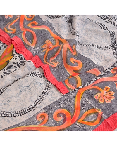 Sanskriti Vintage Sarees From India Gray Pure Crepe Silk Sari Printed 5Yd Fabric, PRC-18838-Gray-Printed Floral Design-Pure Crepe Silk-2