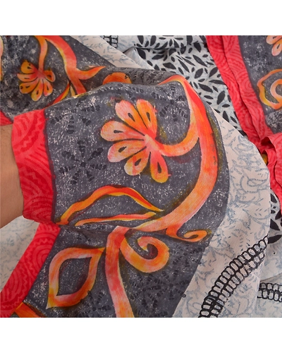 Sanskriti Vintage Sarees From India Gray Pure Crepe Silk Sari Printed 5Yd Fabric, PRC-18838-Gray-Printed Floral Design-Pure Crepe Silk-3