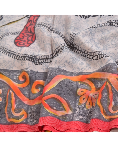 Sanskriti Vintage Sarees From India Gray Pure Crepe Silk Sari Printed 5Yd Fabric, PRC-18838-Gray-Printed Floral Design-Pure Crepe Silk-6