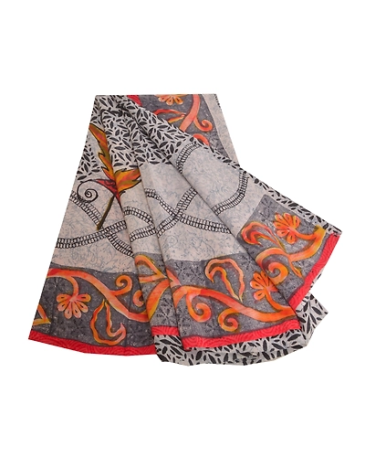 Sanskriti Vintage Sarees From India Gray Pure Crepe Silk Sari Printed 5Yd Fabric, PRC-18838-Gray-Printed Floral Design-Pure Crepe Silk-7