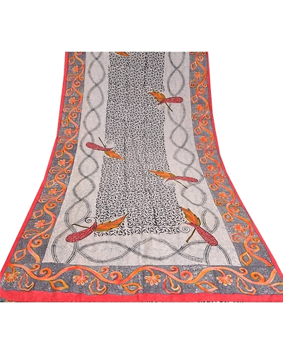 Sanskriti Vintage Sarees From India Gray Pure Crepe Silk Sari Printed 5Yd Fabric, PRC-18838-Gray-Printed Floral Design-Pure Crepe Silk-8