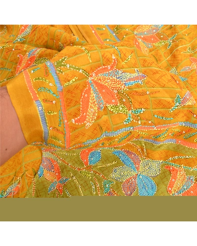 Sanskriti Vintage Sarees Mustard Hand Beaded Kantha Pure Crepe Silk Sari Fabric, PRC-18853-Mustard-Printed Floral Design-Pure Crepe Silk-2