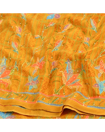 Sanskriti Vintage Sarees Mustard Hand Beaded Kantha Pure Crepe Silk Sari Fabric, PRC-18853-Mustard-Printed Floral Design-Pure Crepe Silk-4