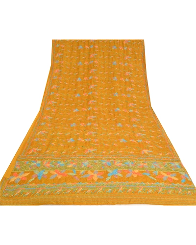 Sanskriti Vintage Sarees Mustard Hand Beaded Kantha Pure Crepe Silk Sari Fabric, PRC-18853-Mustard-Printed Floral Design-Pure Crepe Silk-5
