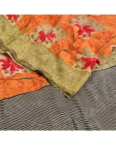 Sanskriti Vintage Sarees Pale Cream Pure Crepe Silk Printed Sari Craft Fabric, PRC-18854-Pale Cream-Printed Floral Design-Pure Crepe Silk-2