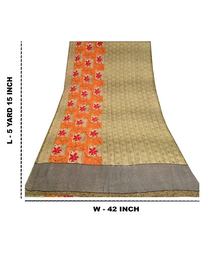 Sanskriti Vintage Sarees Pale Cream Pure Crepe Silk Printed Sari Craft Fabric, PRC-18854-Pale Cream-Printed Floral Design-Pure Crepe Silk-5