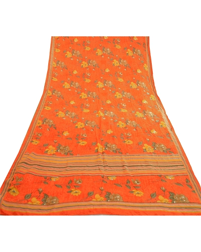 Sanskriti Vintage Sarees Orange Indian Pure Crepe Silk Printed Sari Craft Fabric, PRC-18879-Orange-Printed Floral Design-Pure Crepe Silk-1