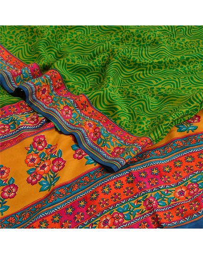 Sanskriti Vintage Sarees Green From India Pure Crepe Silk Printed Sari Fabric, PRC-18891-Green-Printed Floral Design-Pure Crepe Silk-1