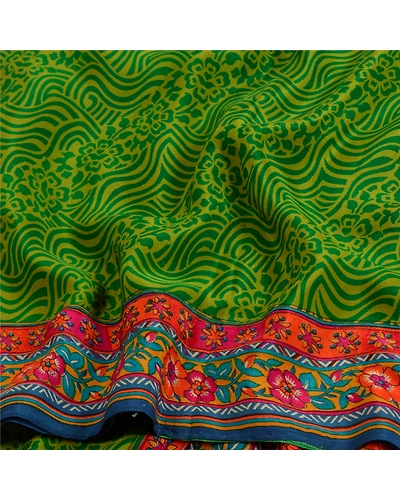 Sanskriti Vintage Sarees Green From India Pure Crepe Silk Printed Sari Fabric, PRC-18891-Green-Printed Floral Design-Pure Crepe Silk-4