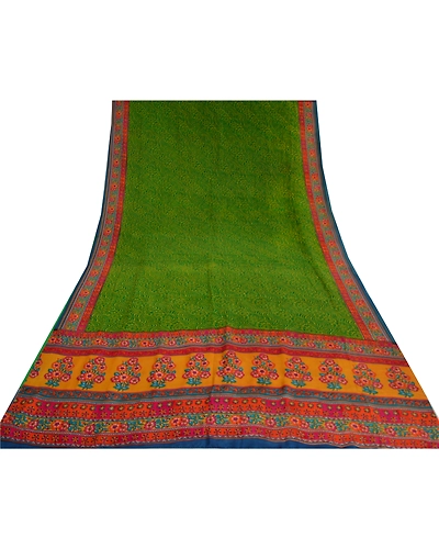 Sanskriti Vintage Sarees Green From India Pure Crepe Silk Printed Sari Fabric, PRC-18891-Green-Printed Floral Design-Pure Crepe Silk-5