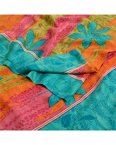Sanskriti Vintage Sarees Multi Indian Printed Pure Crepe Silk Sari Craft Fabric, PRC-18906-Multi-Printed Floral Design-Pure Crepe Silk-1
