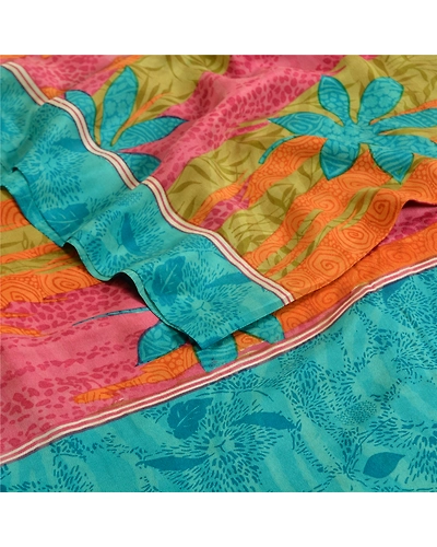 Sanskriti Vintage Sarees Multi Indian Printed Pure Crepe Silk Sari Craft Fabric, PRC-18906-Multi-Printed Floral Design-Pure Crepe Silk-2