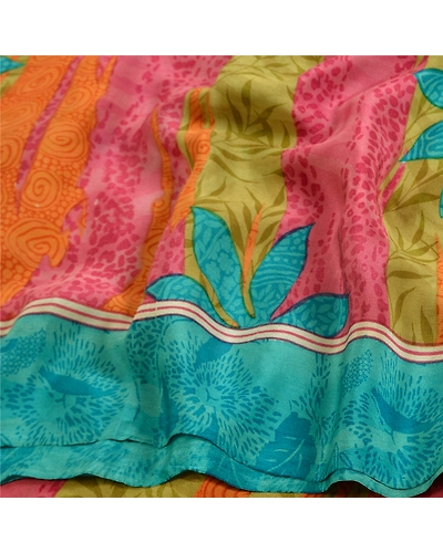 Sanskriti Vintage Sarees Multi Indian Printed Pure Crepe Silk Sari Craft Fabric, PRC-18906-Multi-Printed Floral Design-Pure Crepe Silk-4