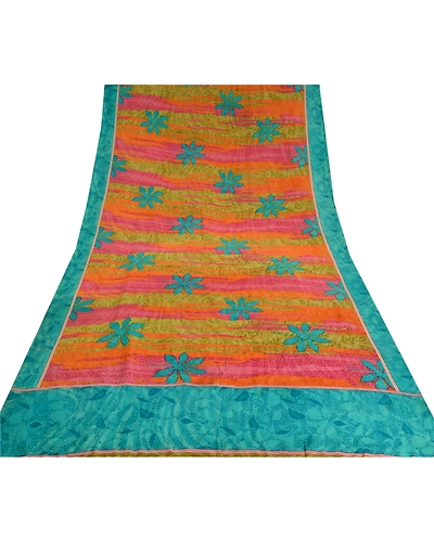 Sanskriti Vintage Sarees Multi Indian Printed Pure Crepe Silk Sari Craft Fabric, PRC-18906-Multi-Printed Floral Design-Pure Crepe Silk-5
