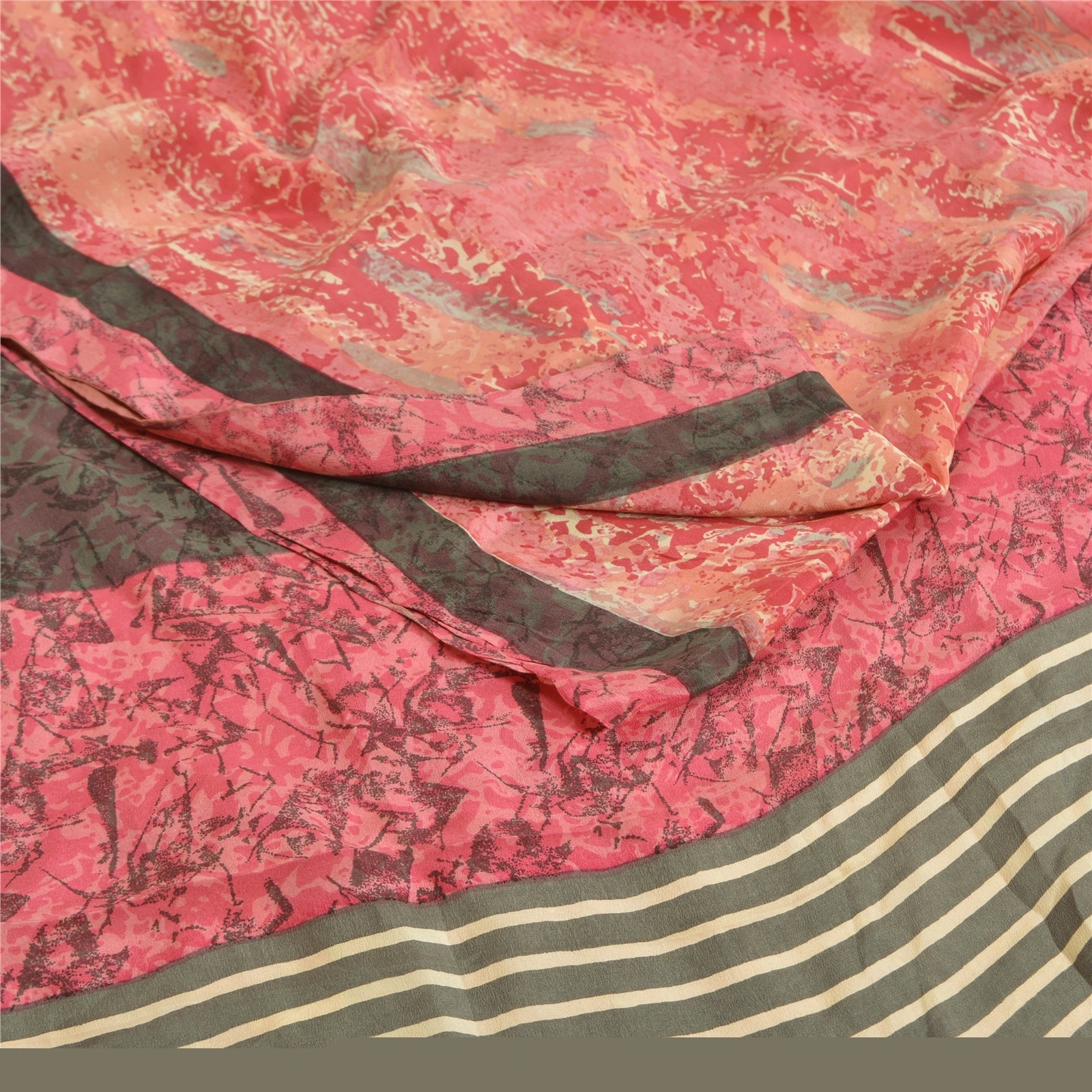 Sanskriti Vintage Sarees Pink 100% Pure Crepe Silk Printed Sari 5Yd Craft Fabric, PRC-18922-Pink-Printed Floral Design-Pure Crepe Silk-1