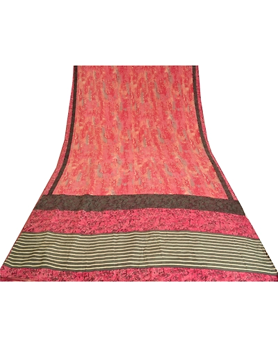 Sanskriti Vintage Sarees Pink 100% Pure Crepe Silk Printed Sari 5Yd Craft Fabric, PRC-18922-Pink-Printed Floral Design-Pure Crepe Silk-5