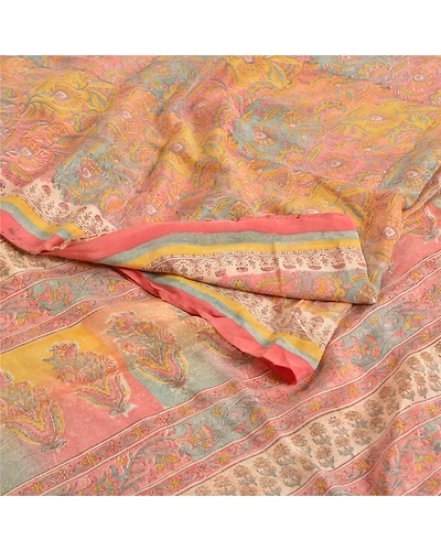 Sanskriti Vintage Sarees Indian Multi Pure Crepe Silk Printed Sari Craft Fabric, PRC-18936-Multi-Printed Floral Design-Pure Crepe Silk-1