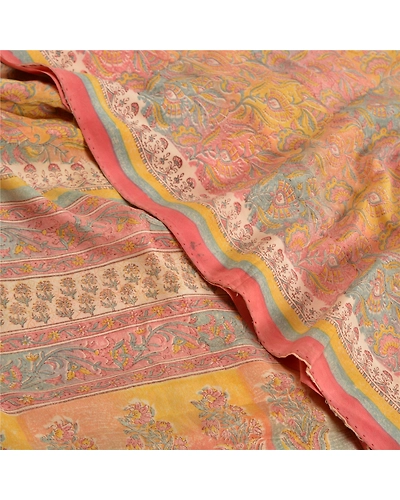 Sanskriti Vintage Sarees Indian Multi Pure Crepe Silk Printed Sari Craft Fabric, PRC-18936-Multi-Printed Floral Design-Pure Crepe Silk-5