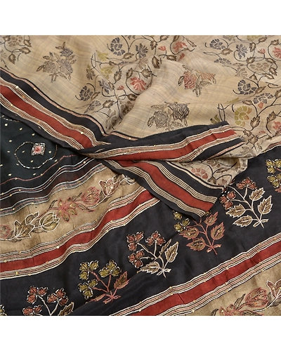 Sanskriti Vintage Sarees Ivory Hand Beaded Pure Crepe Silk Printed Sari Fabric, PRC-18963-Ivory-Printed Floral Design-Pure Crepe Silk-1